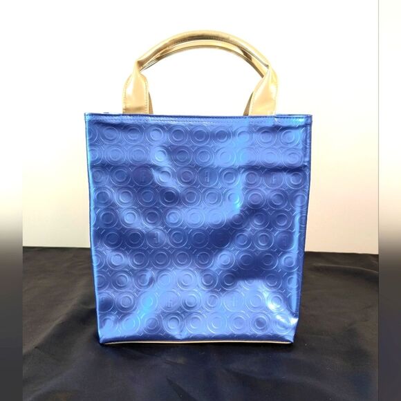Clinique Tote Large Cosmetic Case Metallic Blue Tan Gold Handle Vinyl Patent - Picture 1 of 9